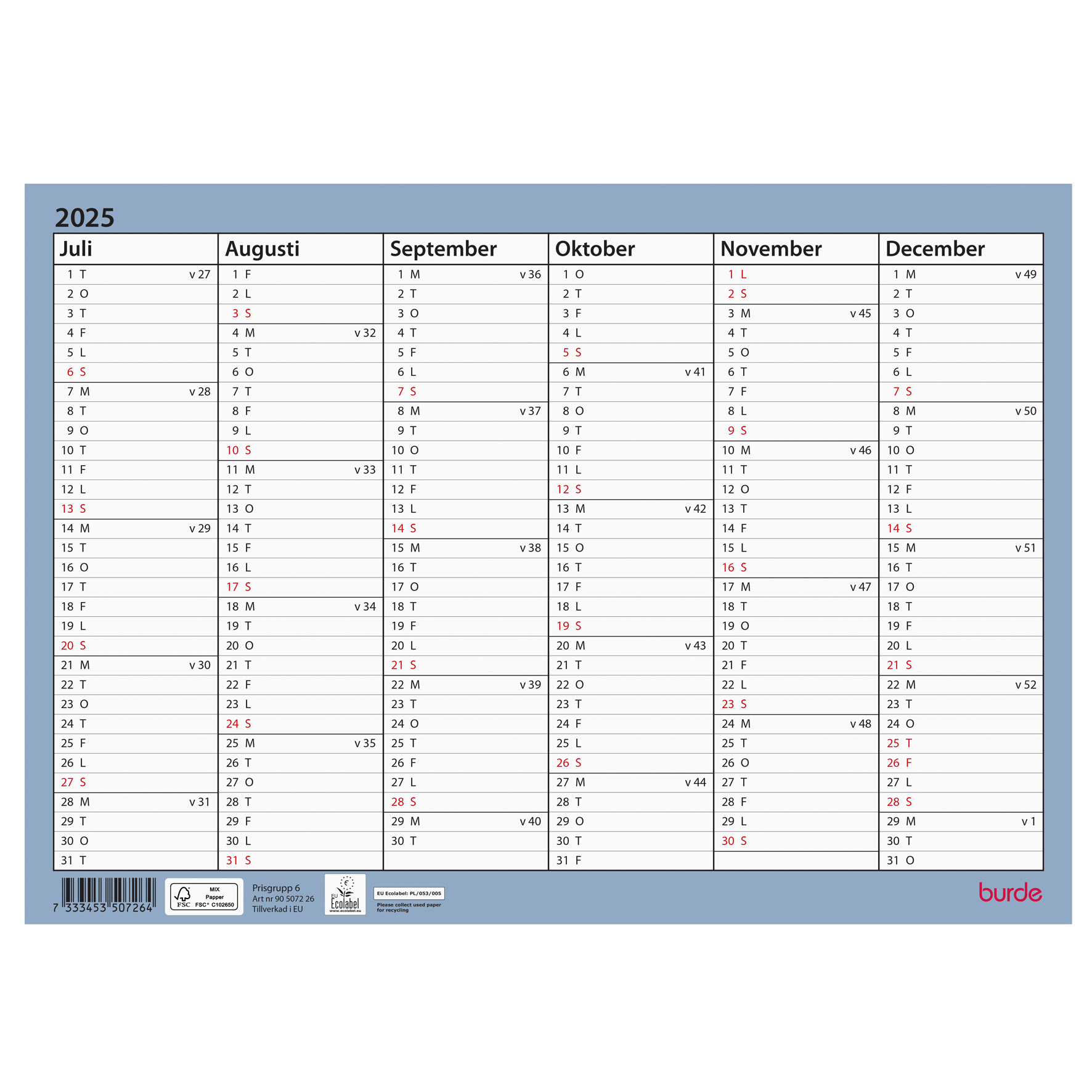 [60507226] Väggkalender Väggblad A4 25/26