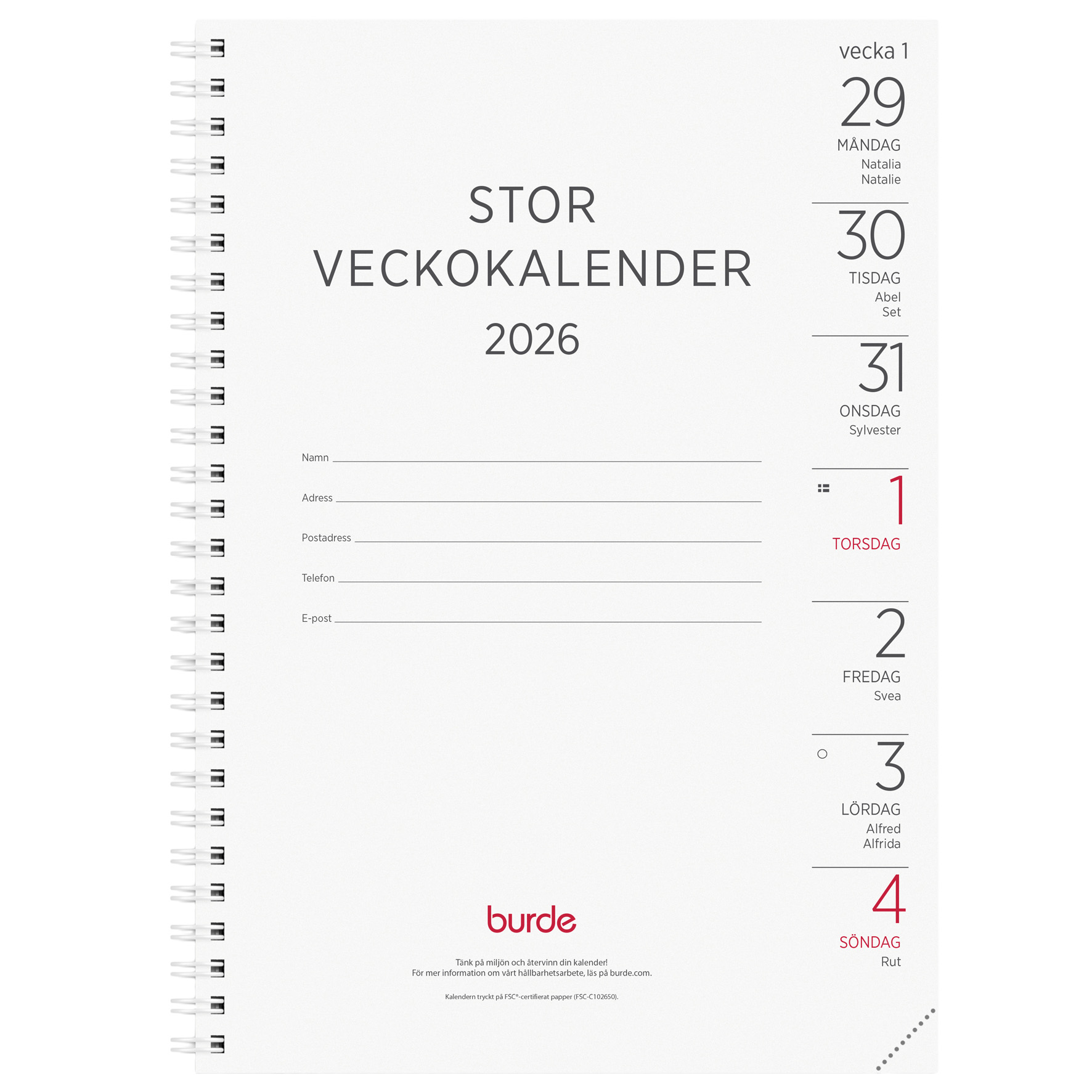 [61110026] Stor Veckokalender 2026 refill