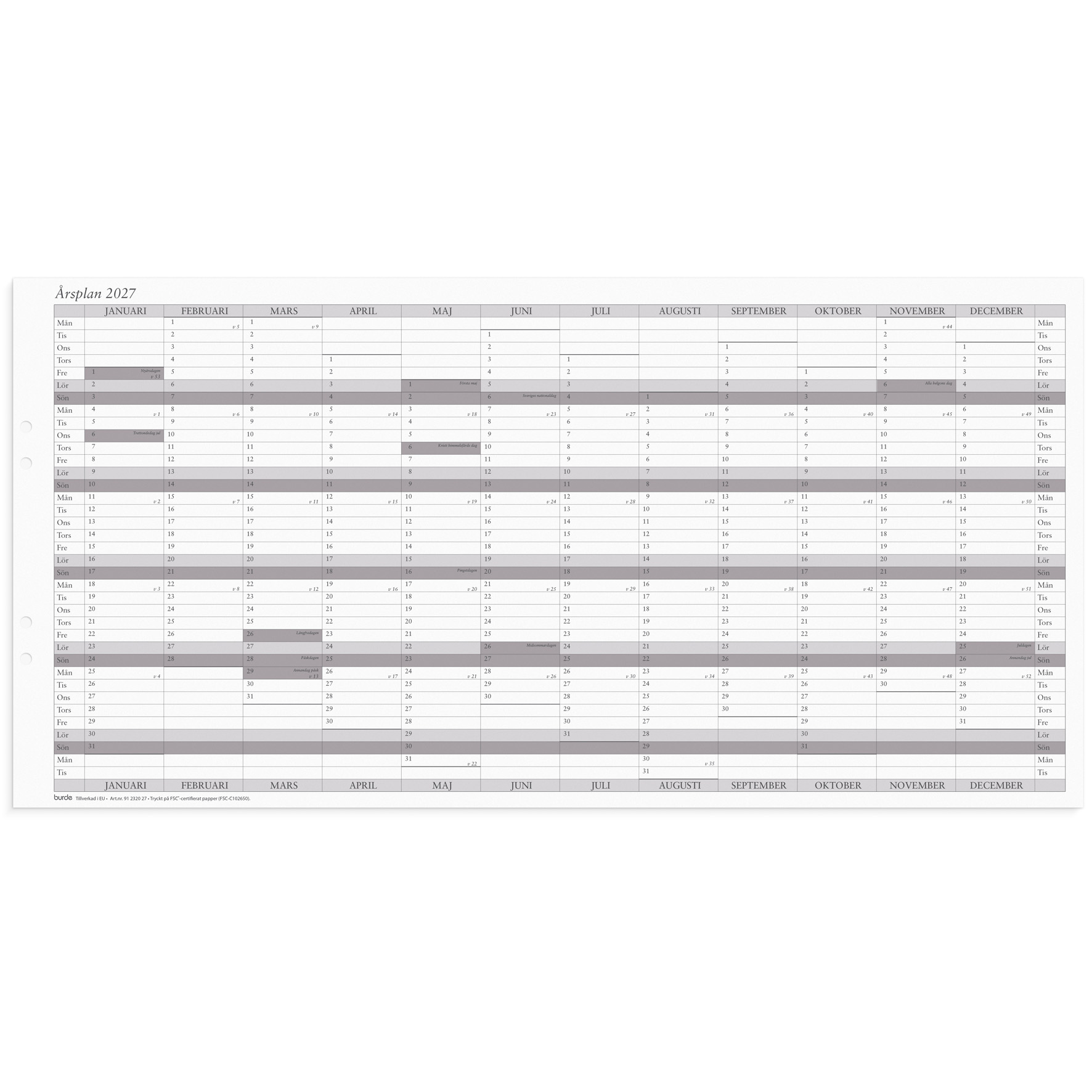 [61232027] Väggkalender 2027 Årsplan 5/fp