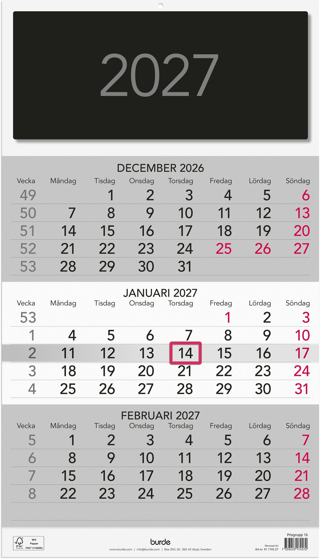 [61174527] Väggkalender 2027 Triplaner Elegant Burde